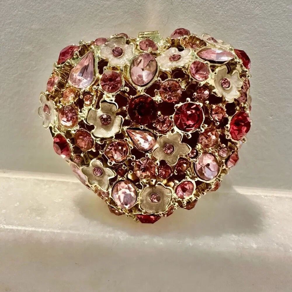 Vintage Hallowed Heart Rhinestone and Flower Heart Shaped Jewelry Box
